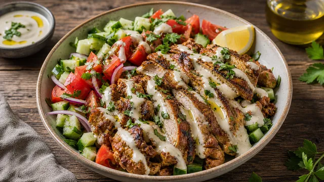 Keto chicken shawarma bowl with golden-brown pan-fried chicken thighs, diced cucumber, tomatoes and creamy yogurt-tahini sauce in a bowl