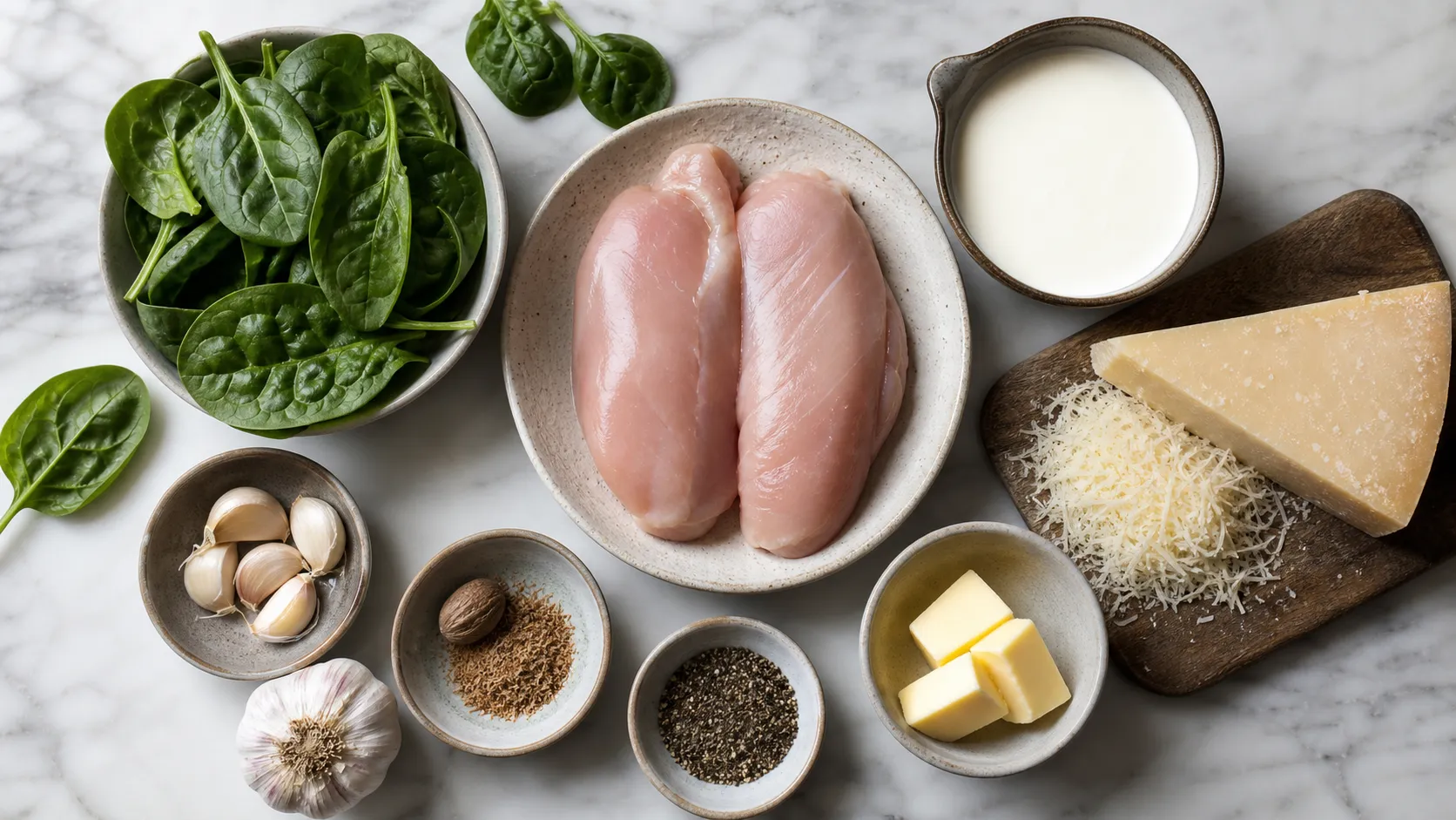 Ingredients for keto chicken spinach Alfredo: chicken breast, cream, butter, Parmesan, fresh spinach, garlic and nutmeg