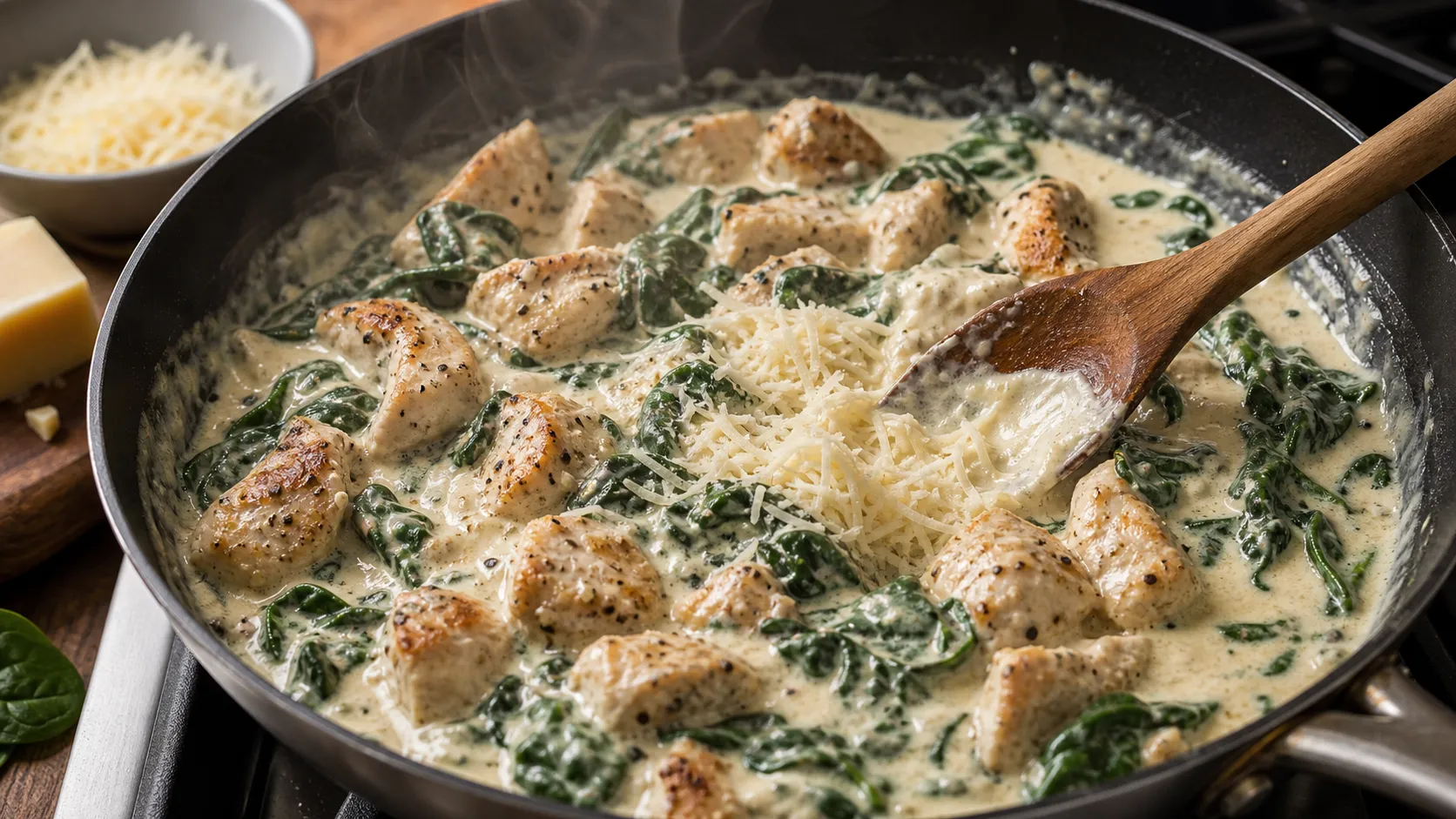 Parmesan being stirred into the creamy cream-and-butter sauce for the keto Alfredo sauce