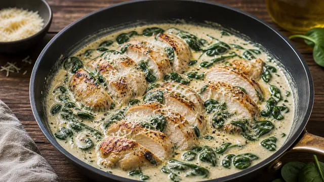 Keto chicken spinach Alfredo with creamy Parmesan cream sauce and fresh spinach in a deep skillet