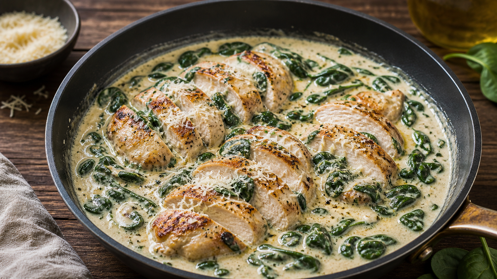 Keto chicken spinach Alfredo with creamy Parmesan cream sauce and fresh spinach in a deep skillet