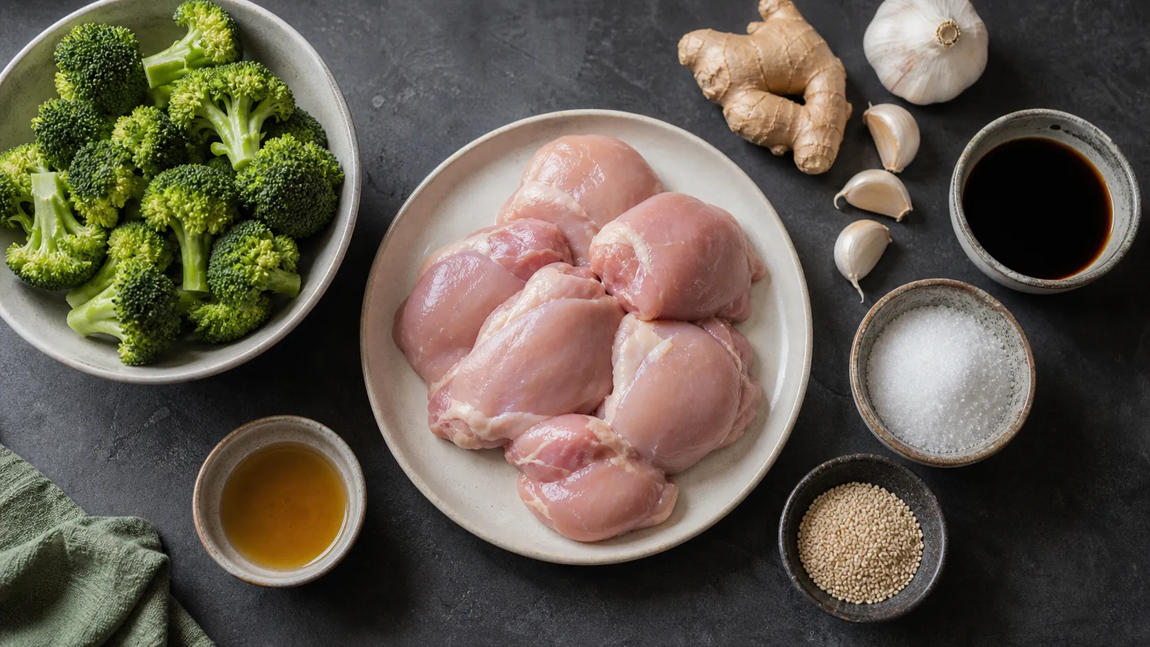 Ingredients for keto chicken teriyaki: chicken thighs, soy sauce, erythritol, ginger, garlic, sesame oil, broccoli and sesame seeds