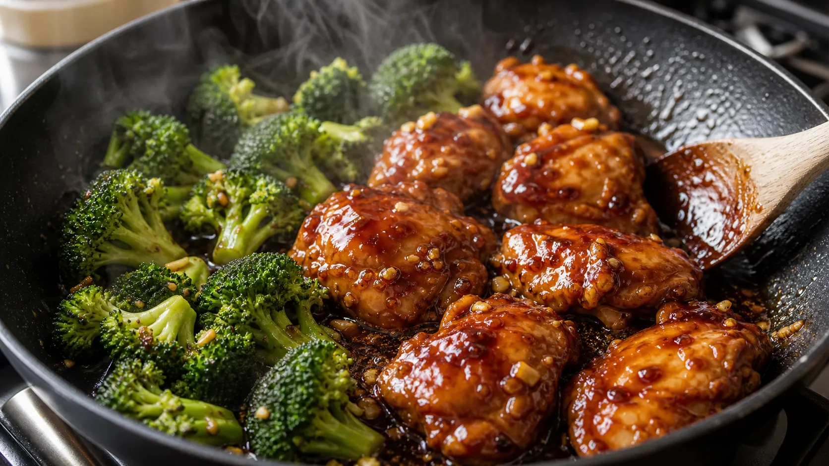 Chicken thighs being glazed in a pan with sugar-free teriyaki sauce for the keto teriyaki dish