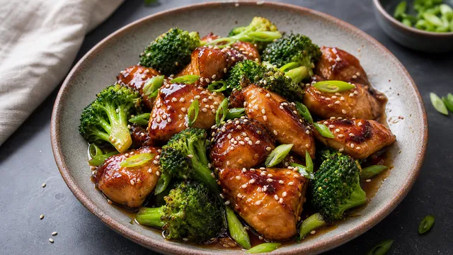 Keto chicken teriyaki with glossy sauce and green broccoli on a plate, sprinkled with sesame seeds