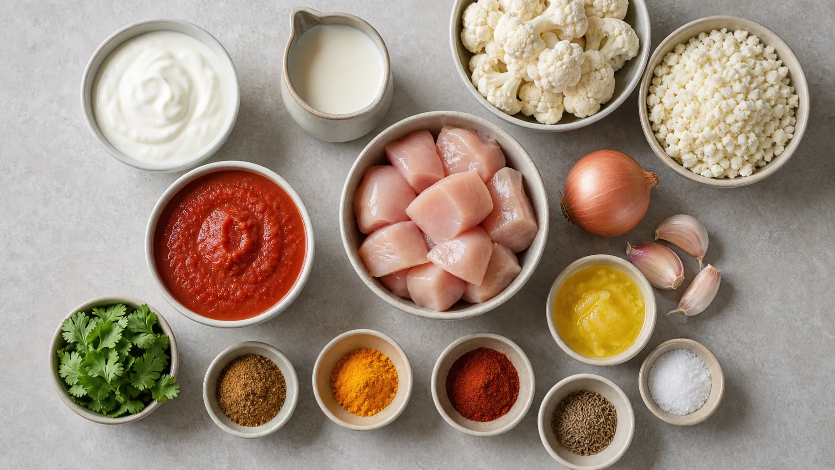 Ingredients for Keto Chicken Tikka Masala: 56 g Protein, 9 g Net Carbs in 30 Minutes: 300 g chicken breast (in 3 cm cubes), 100 g full-fat yogurt (3.5%), 150 ml tomato passata, 100 ml cream (full-fat), 200 g cauliflower (for cauliflower rice), 1 onion (80 g)