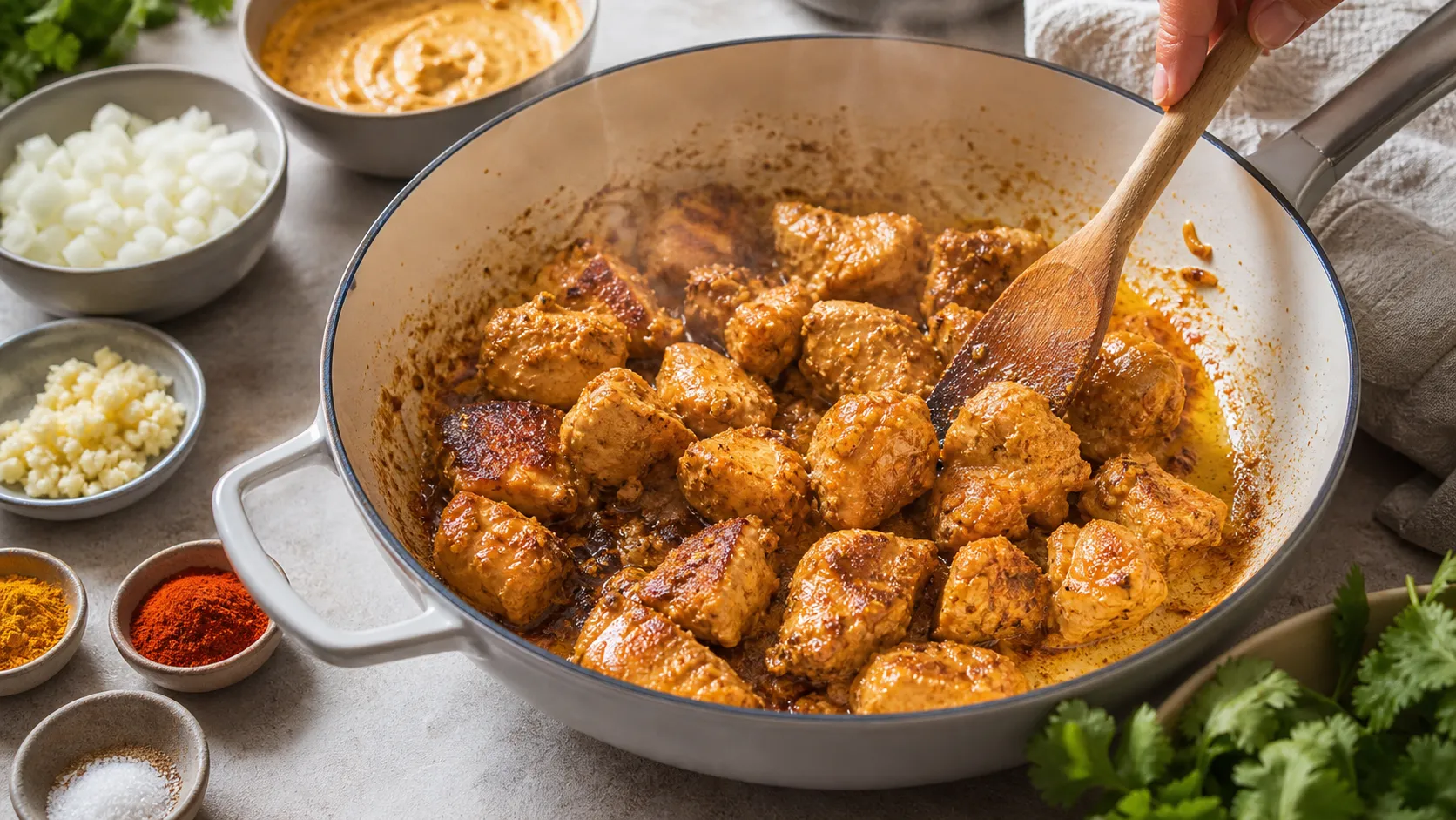 Preparation step for Keto Chicken Tikka Masala: 56 g Protein, 9 g Net Carbs in 30 Minutes: Coarsely pulse the cauliflower (200 g) in a food processor (rice-grain sized pieces).