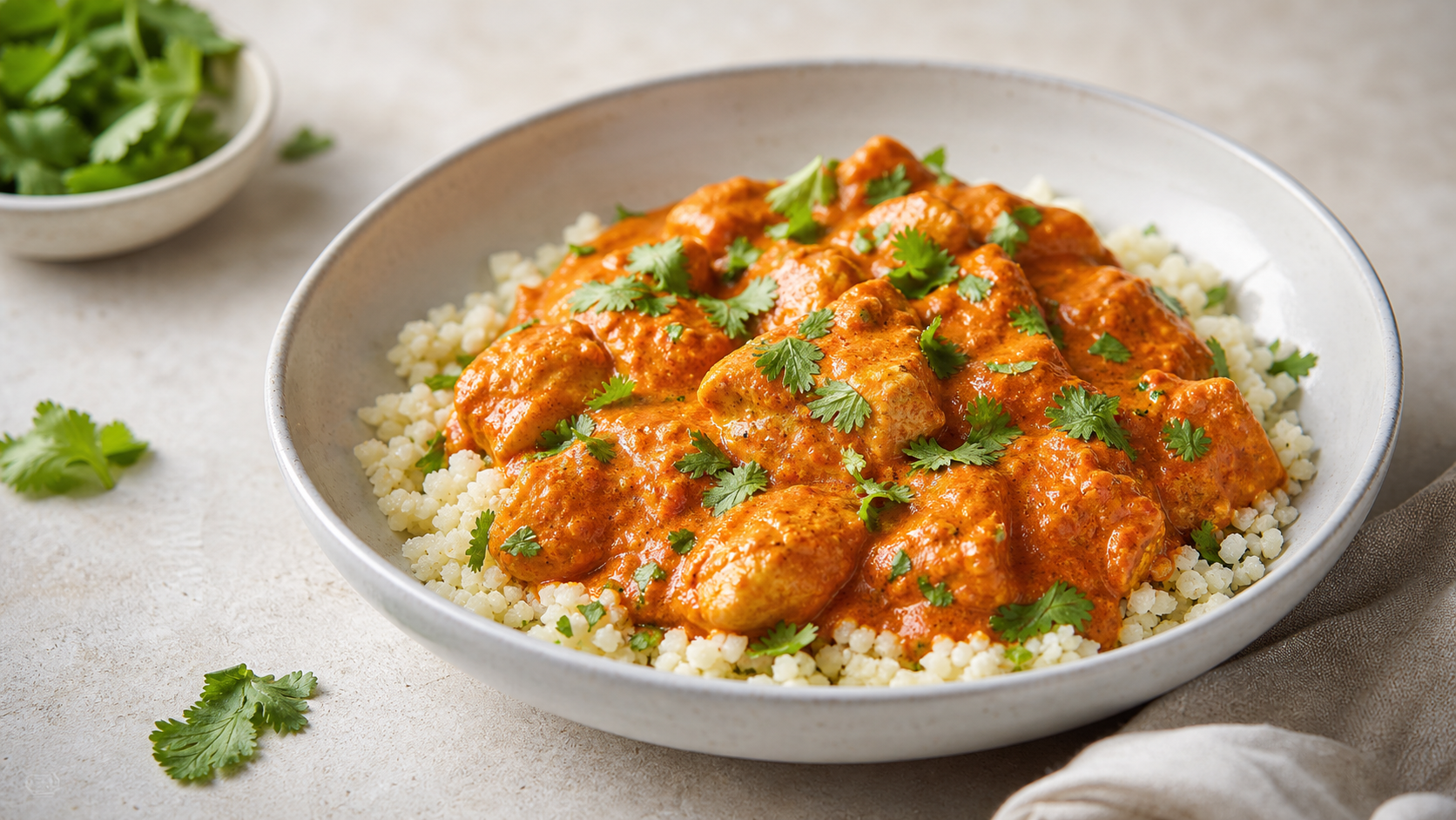 Keto chicken tikka masala with creamy tomato cream sauce over cauliflower rice in a bowl