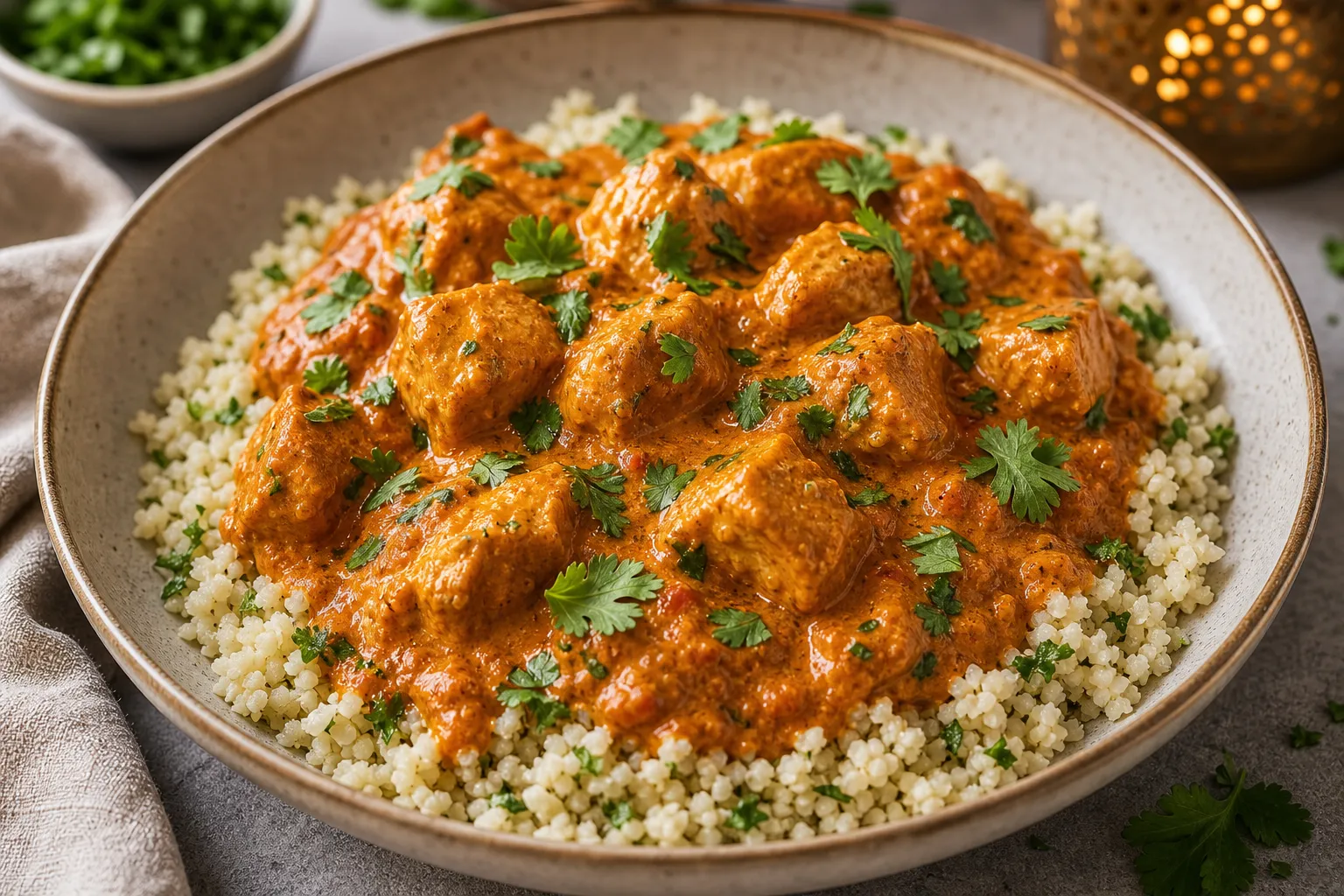 Keto chicken tikka masala with creamy tomato cream sauce over cauliflower rice in a bowl