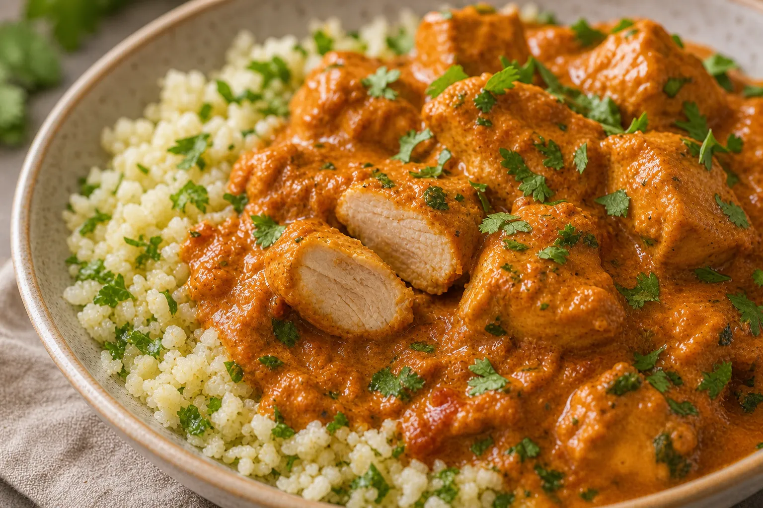 Plated keto tikka masala over cauliflower rice with fresh cilantro