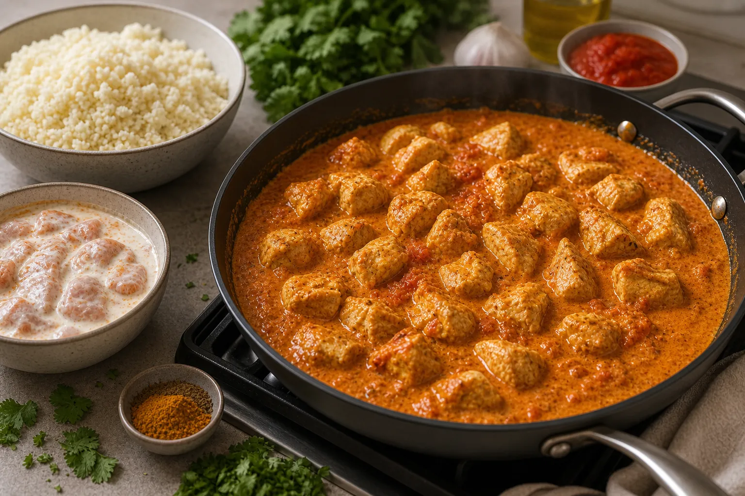 Searing chicken cubes in yogurt marinade for keto tikka masala