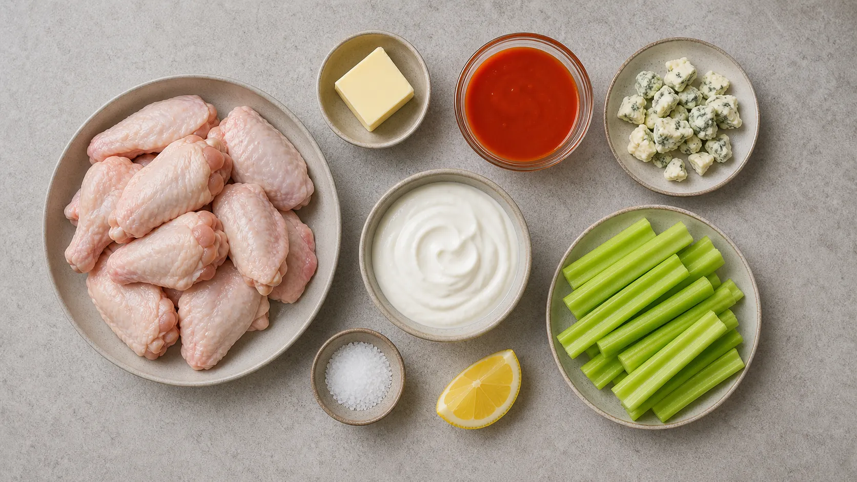 Ingredients for keto buffalo wings: chicken wings, butter, hot sauce, blue cheese, sour cream, celery and lemon