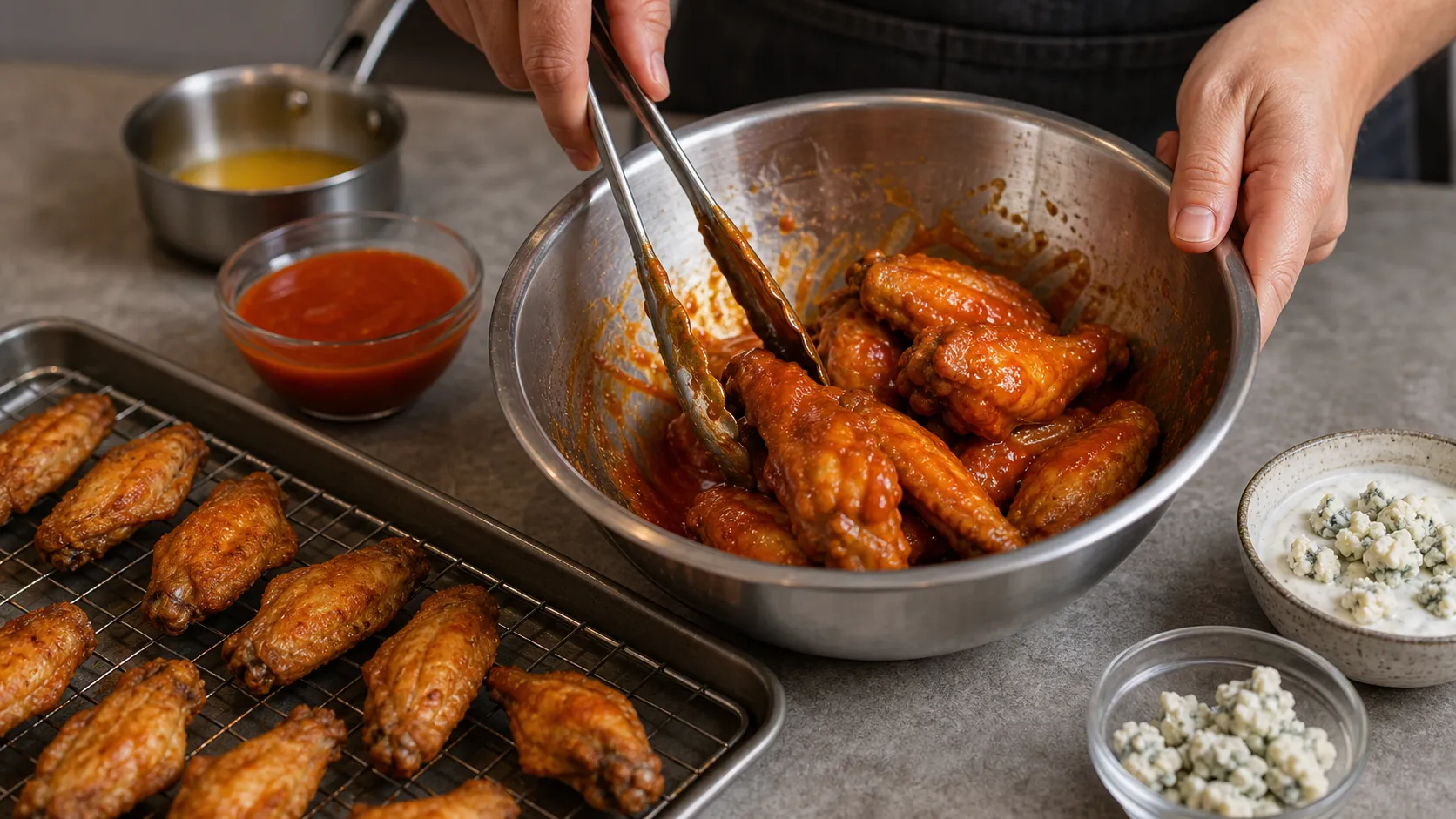 Crispy chicken wings being tossed in a bowl with spicy buffalo butter