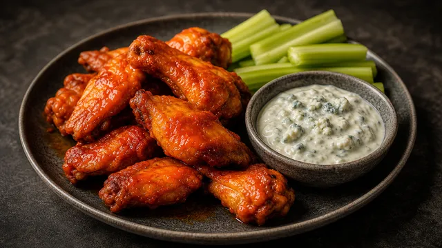 Keto buffalo chicken wings with blue cheese dip and celery sticks, no breading