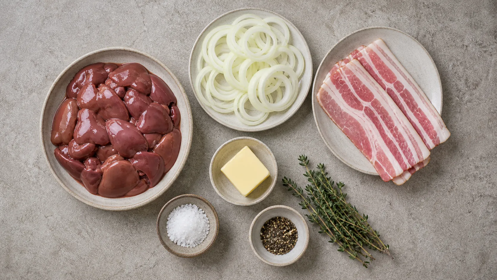 Ingredients for keto chicken liver: chicken liver, onion rings, bacon, butter, thyme, salt and pepper