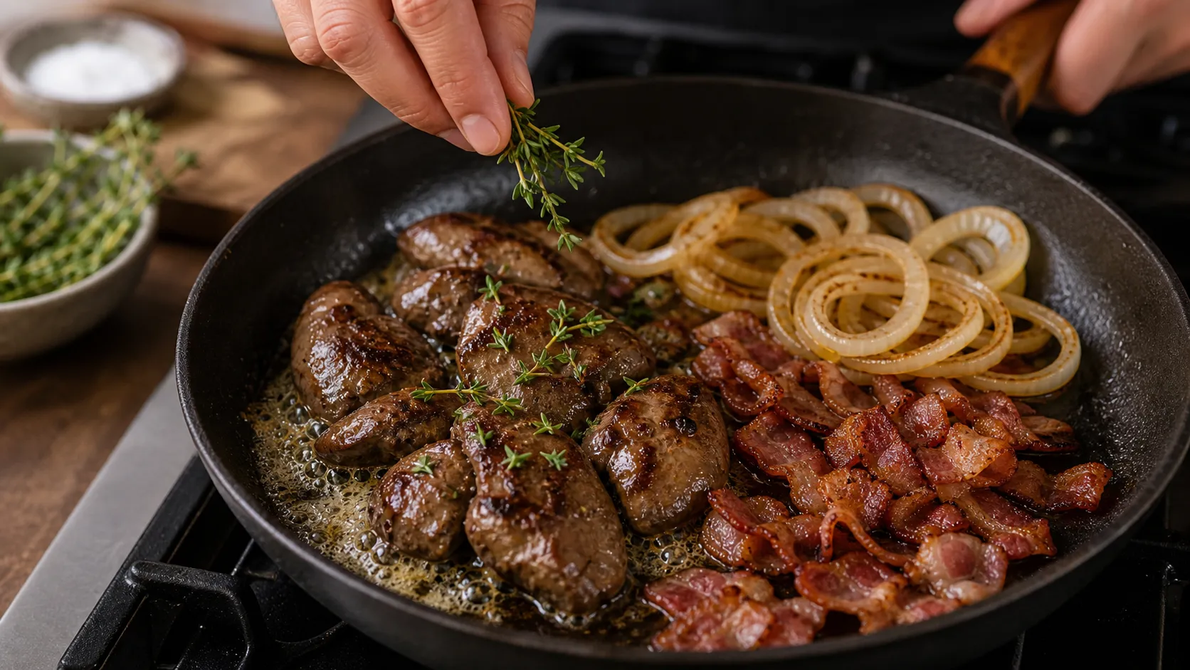 Chicken liver frying in butter in a pan with onions, bacon and fresh thyme