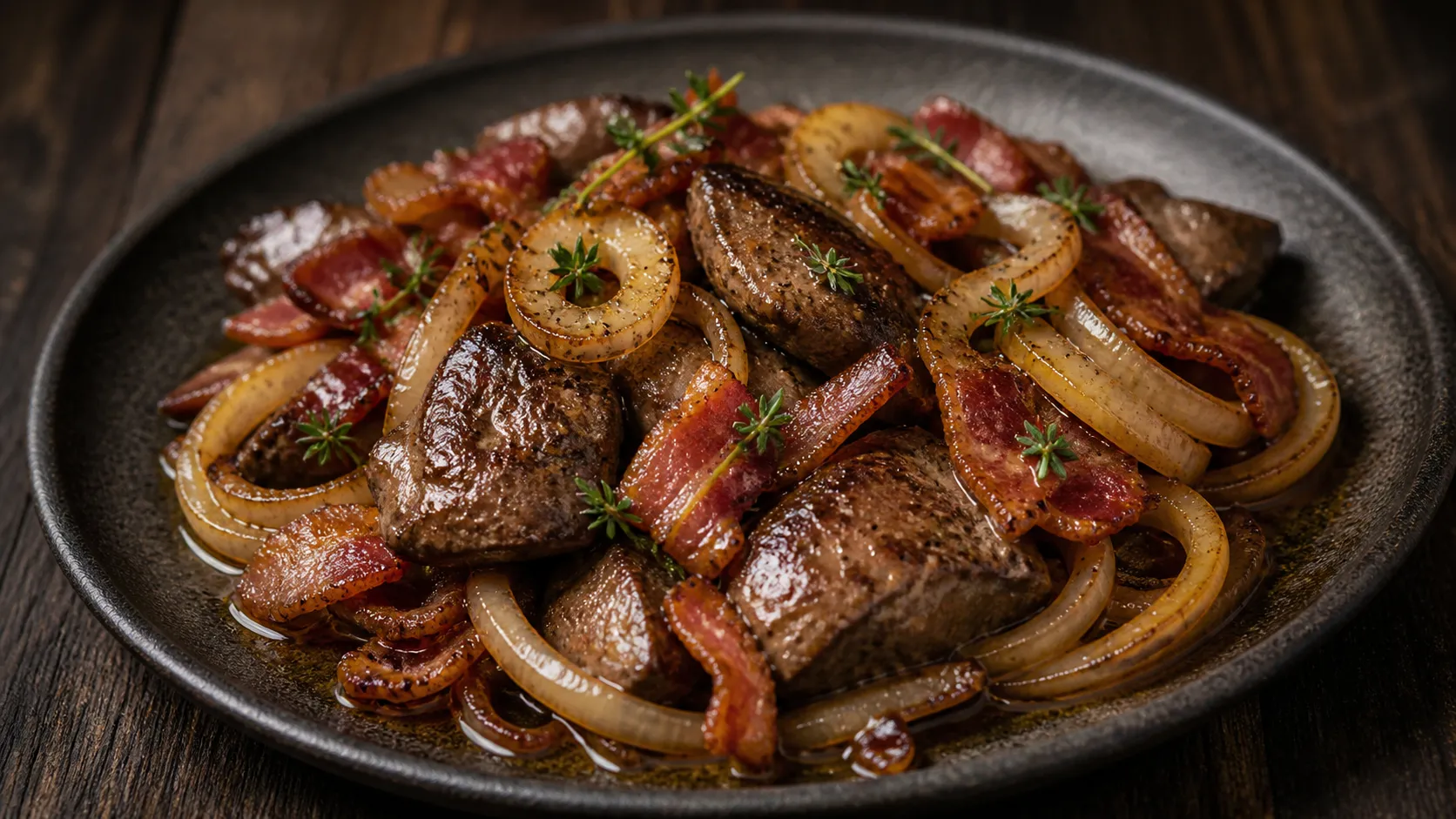 Keto chicken liver plated with pan-fried onions, crispy bacon and thyme