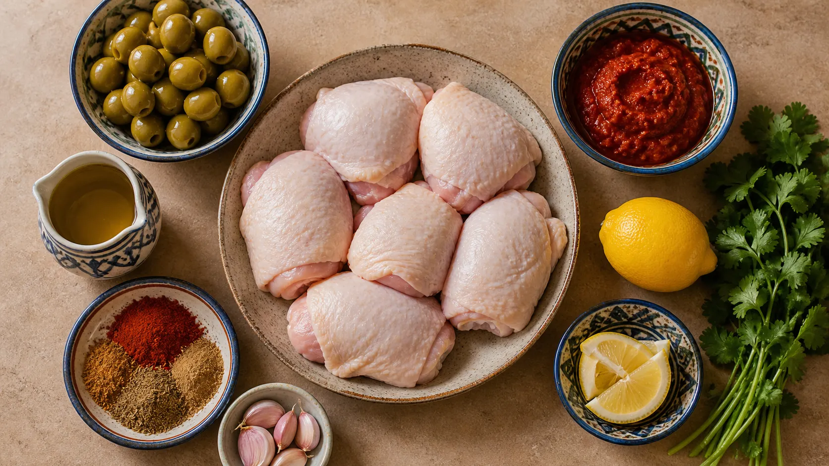 Ingredients for keto chicken thighs with harissa: skin-on chicken thighs, harissa paste, green olives, lemon, olive oil, coriander and garlic