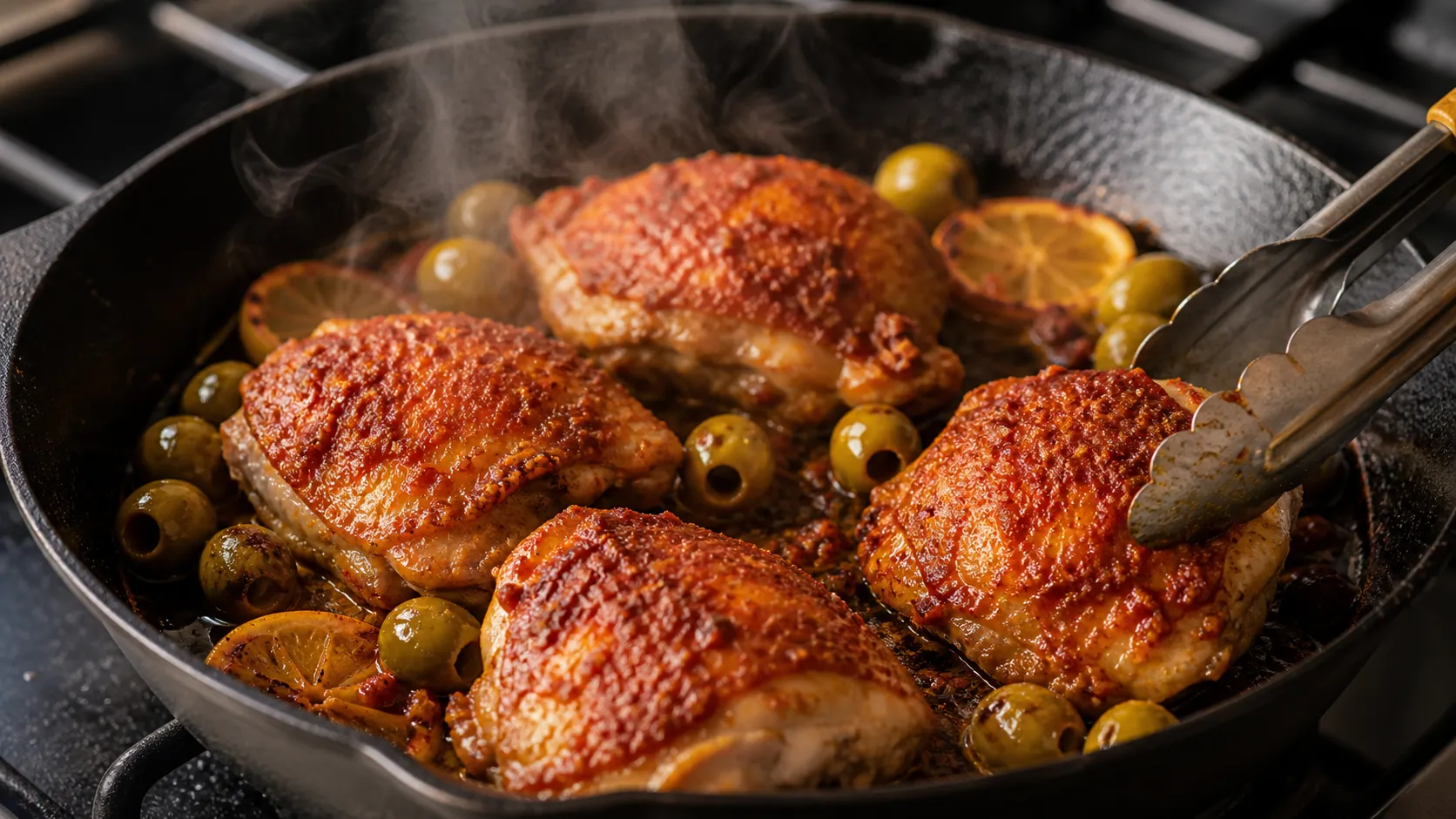 Chicken thighs being seared crisp in a skillet with harissa paste