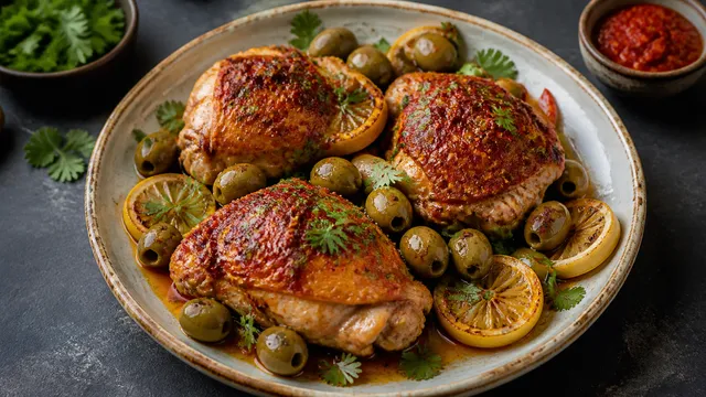 Keto chicken thighs with red harissa crust, green olives and lemon slices on a plate with fresh coriander