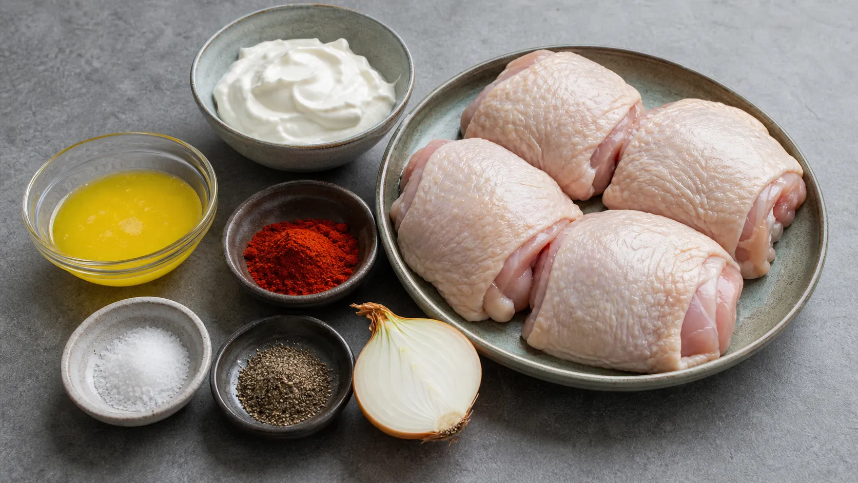 Ingredients for keto chicken thighs in paprika sour cream: boneless chicken thighs, sour cream, ghee, paprika powder and onion
