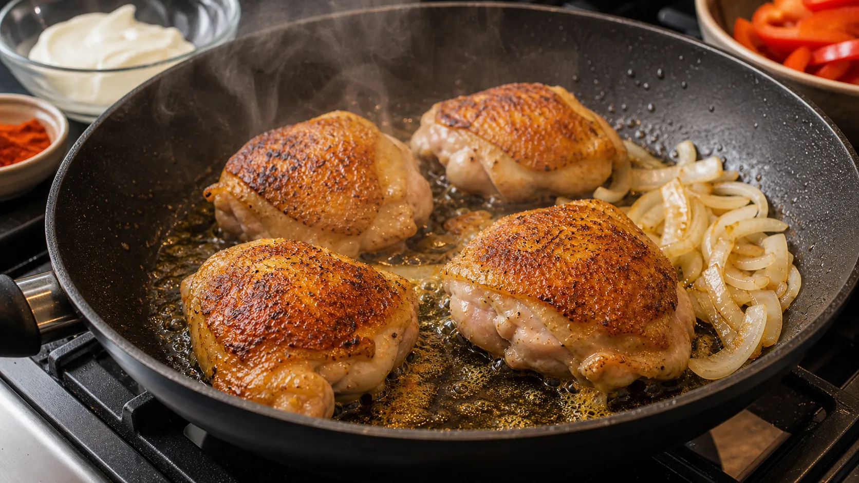 Chicken thighs being seared skin-side down in ghee until crispy