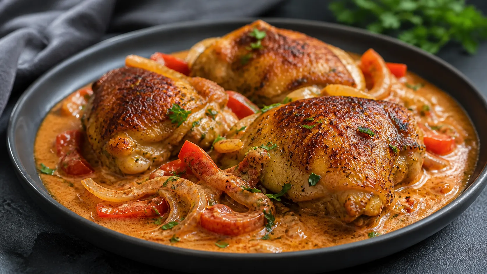 Keto chicken thighs in creamy paprika sour cream sauce with golden-brown skin in a cast-iron skillet