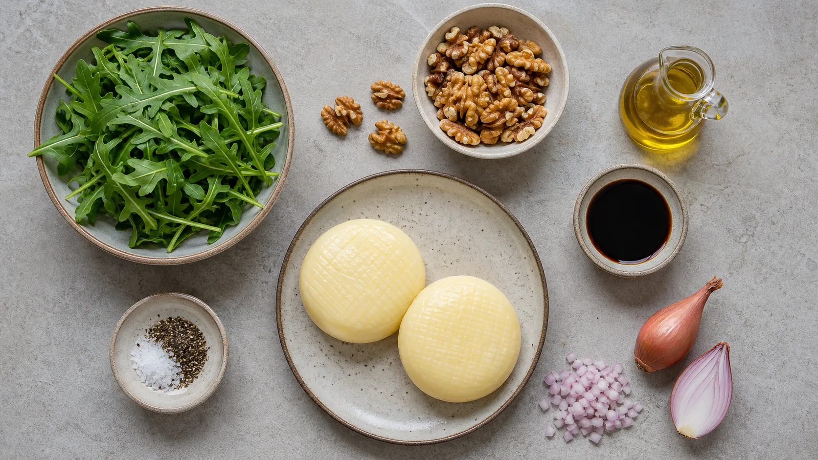 Ingredients for handkase on arugula: handkase cheese, arugula, walnuts, balsamic, olive oil and shallot