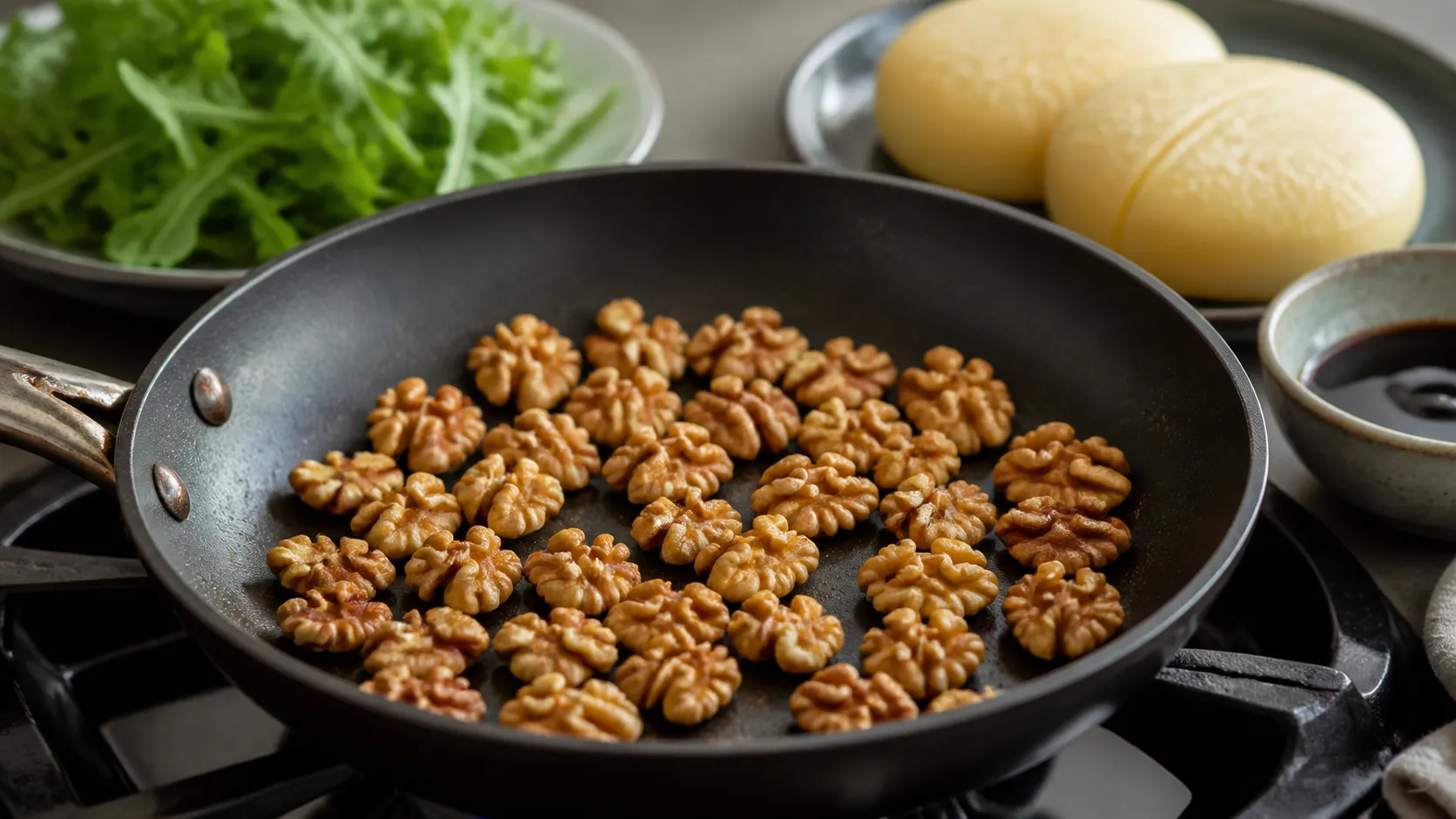 Walnuts being dry-toasted in a pan for handkase cheese on arugula