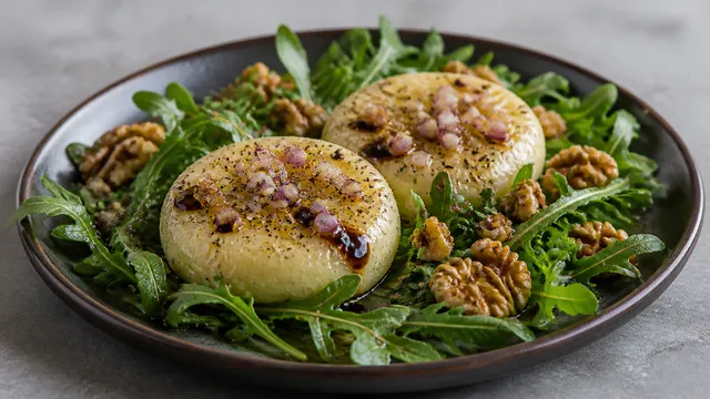 Handkase cheese on arugula with toasted walnuts, balsamic vinaigrette and shallots
