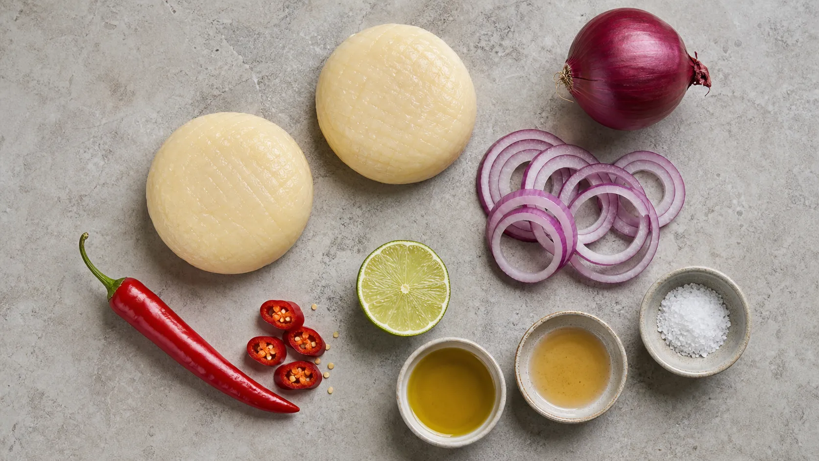 Ingredients for spicy Handkase: Handkase cheese, red onion, chili, lime, olive oil, and apple cider vinegar