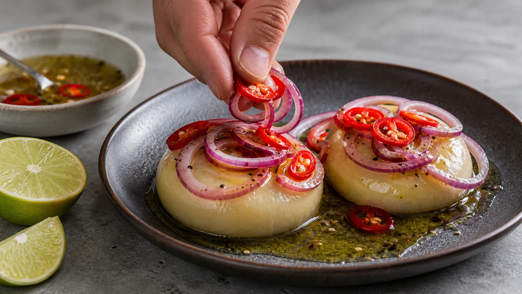 Chili and red onion being arranged on top of Handkase cheese