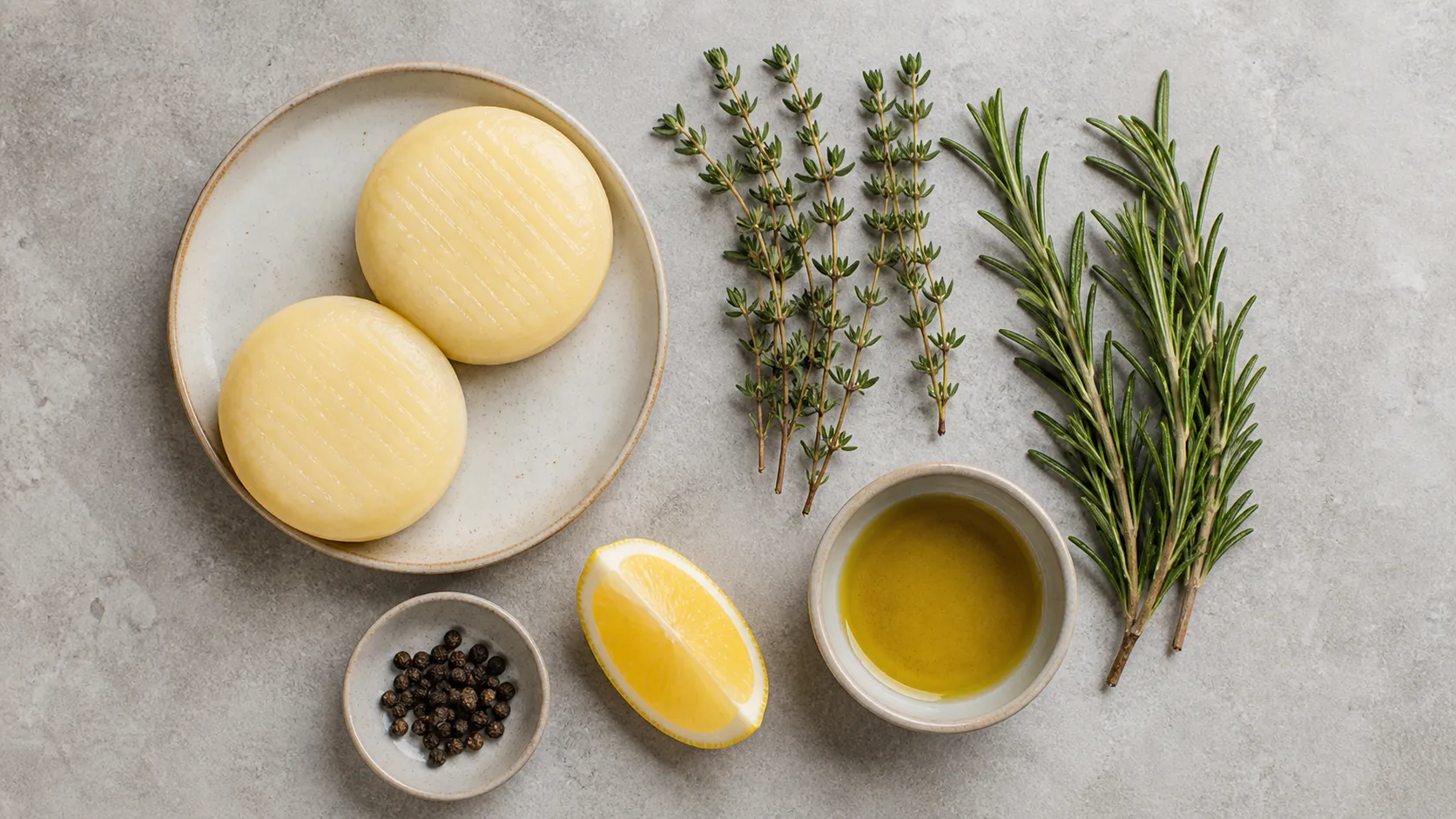 Ingredients for steamer handkase: handkase, thyme, rosemary, olive oil and lemon