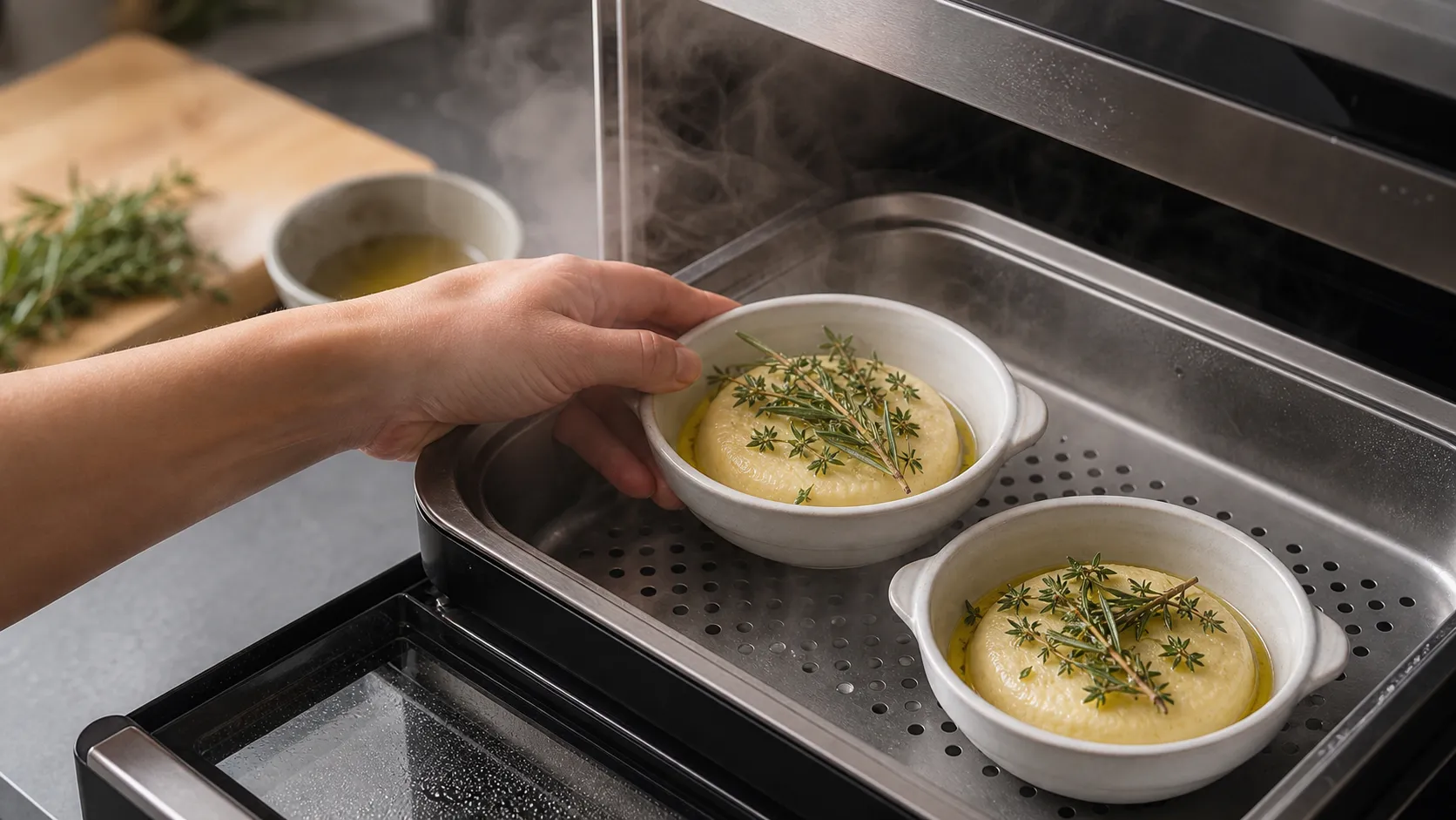 Handkase being cooked in a small dish with herbs in the steamer