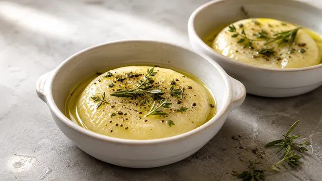 Handkase in the steamer with thyme, olive oil and lemon, creamy and heated