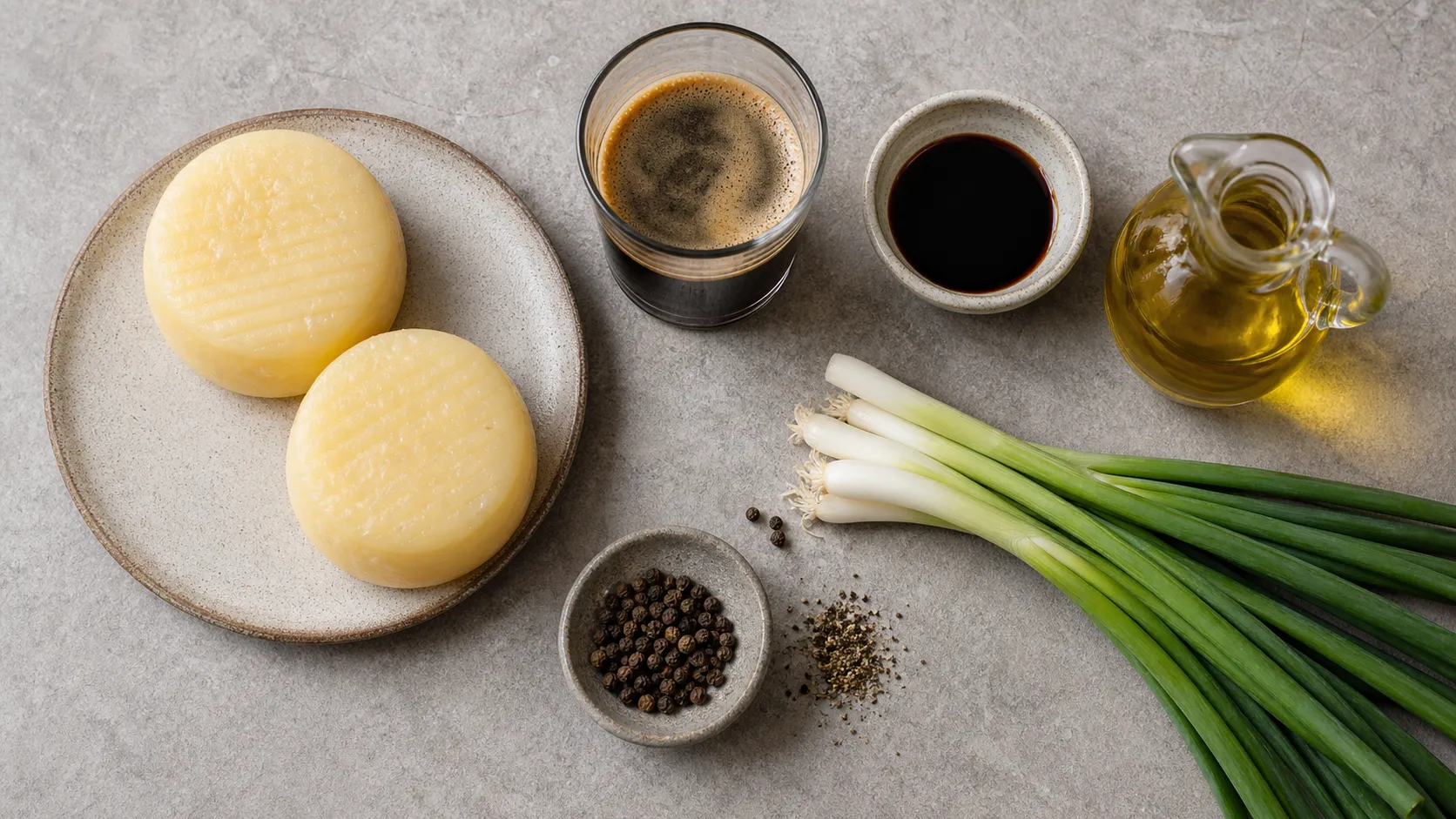 Ingredients for keto handkase cheese with espresso-balsamic marinade as a flatlay with handkase, espresso, balsamic, olive oil and scallions