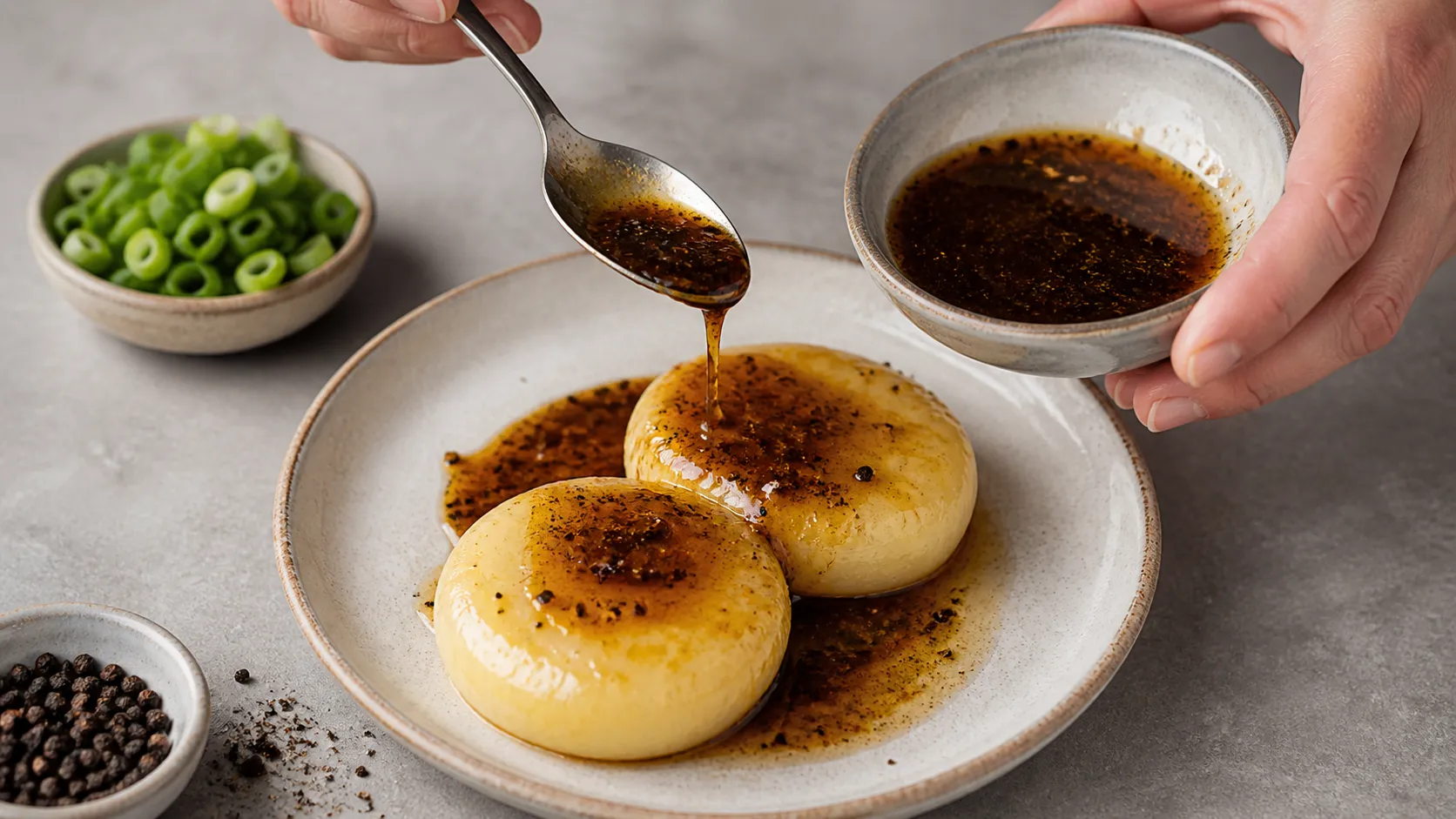Espresso-balsamic marinade being poured over handkase cheese