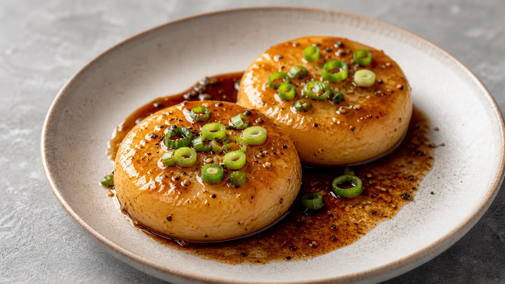 Keto handkase cheese with espresso-balsamic marinade, scallions and black pepper on a plate