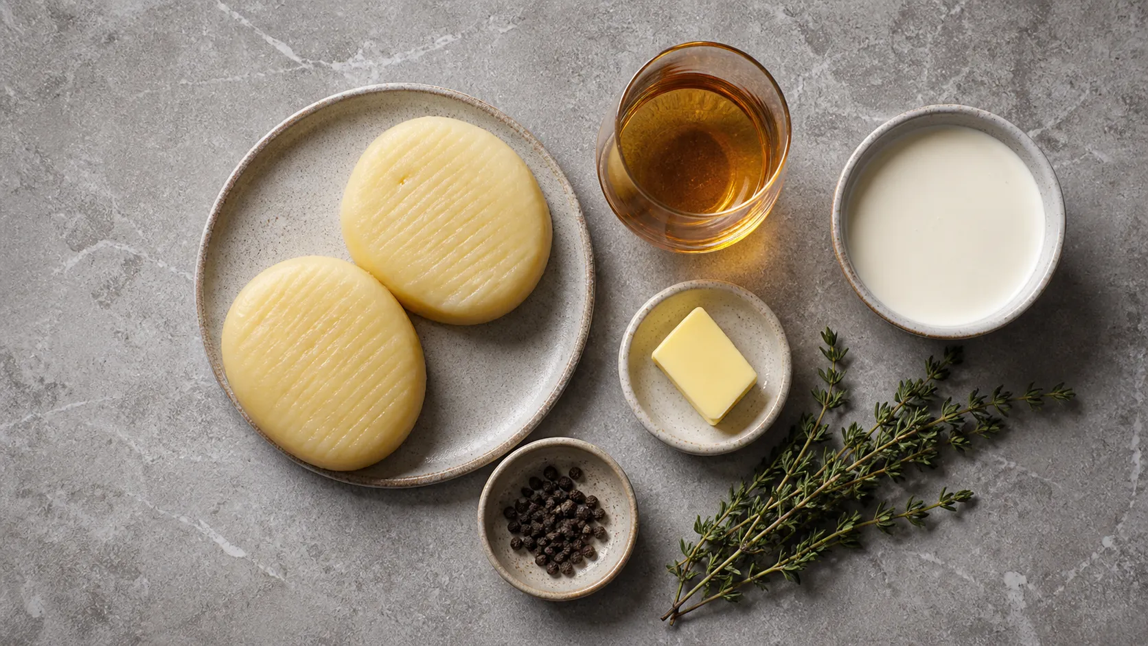 Ingredients for flambeed handkase: handkase, cognac, cream, butter, thyme and pepper
