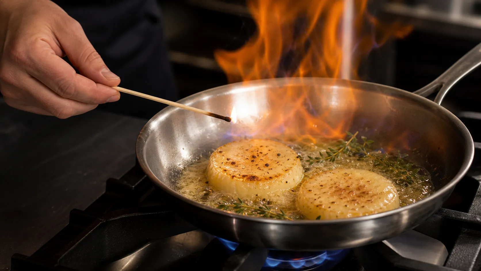 Handkase being flambeed with cognac in a pan, blue flames visible