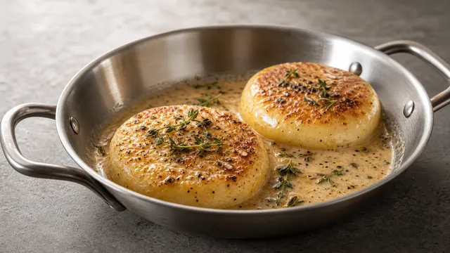 Flambeed handkase in a pan with blue flames and cognac cream sauce