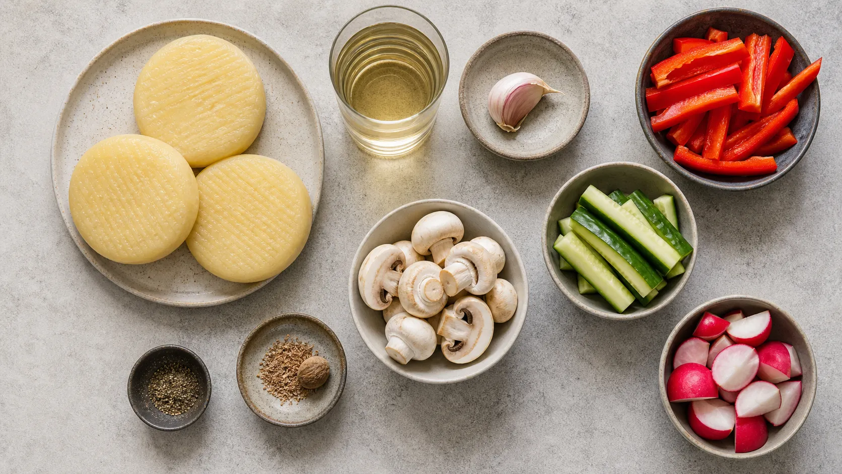 Ingredients for handkase fondue: handkase, white wine, garlic, bell pepper, cucumber, radishes