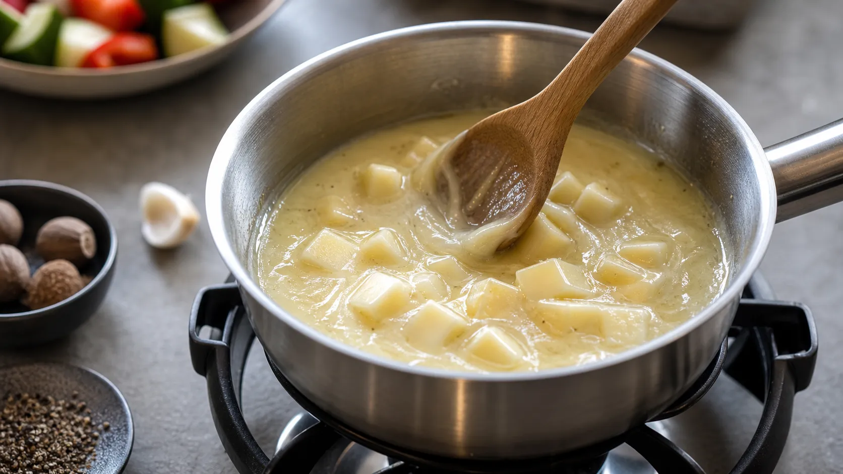 Handkase being stirred into white wine with garlic in the fondue pot and melted to a creamy texture