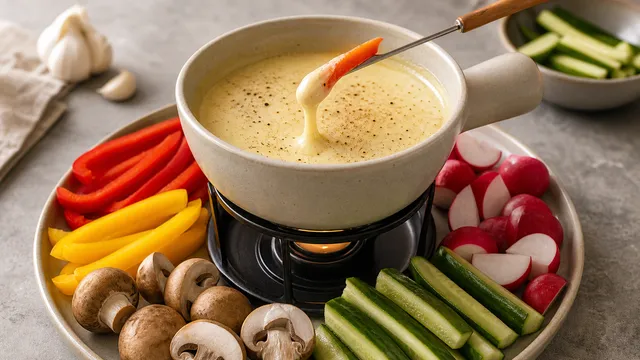 Keto handkase fondue in a caquelon with veggie sticks of bell pepper, cucumber and radish