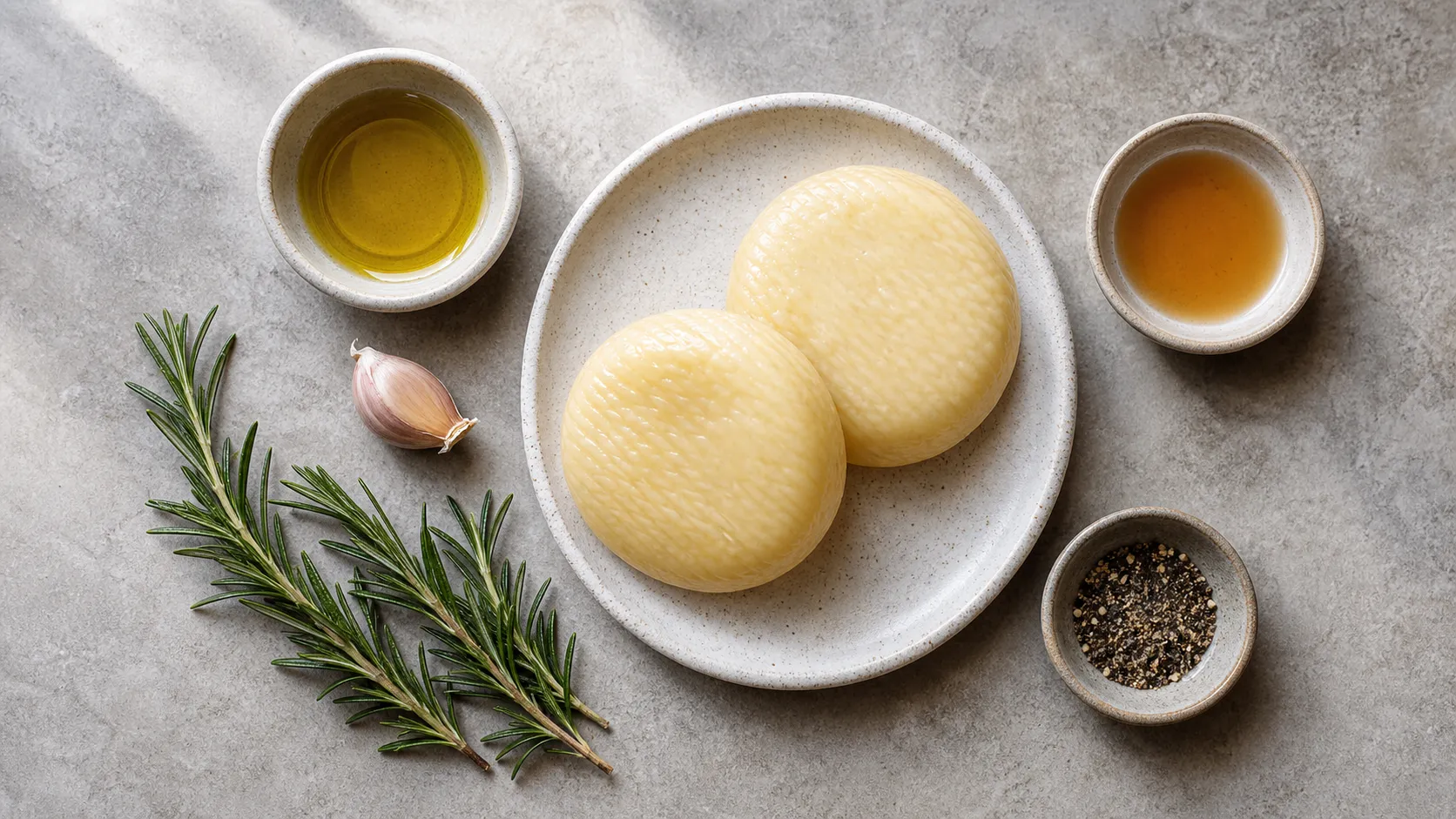 Ingredients for pan-fried handkase: handkase cheese, olive oil, garlic, rosemary and apple cider vinegar