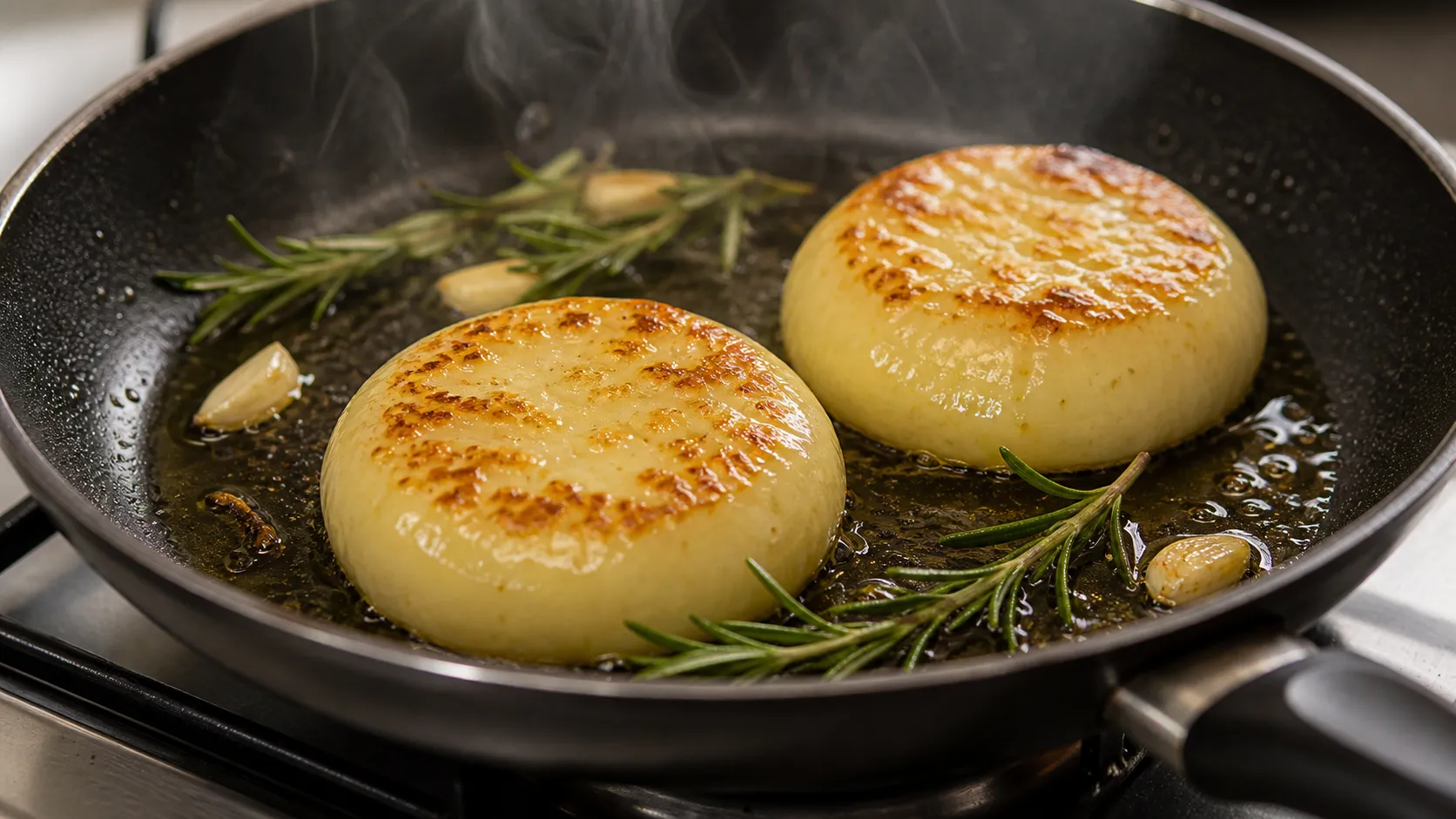 Handkase cheese frying in the skillet over medium heat with olive oil and rosemary