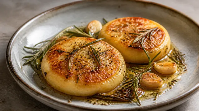 Pan-fried handkase cheese with a golden crust, rosemary and garlic in the skillet
