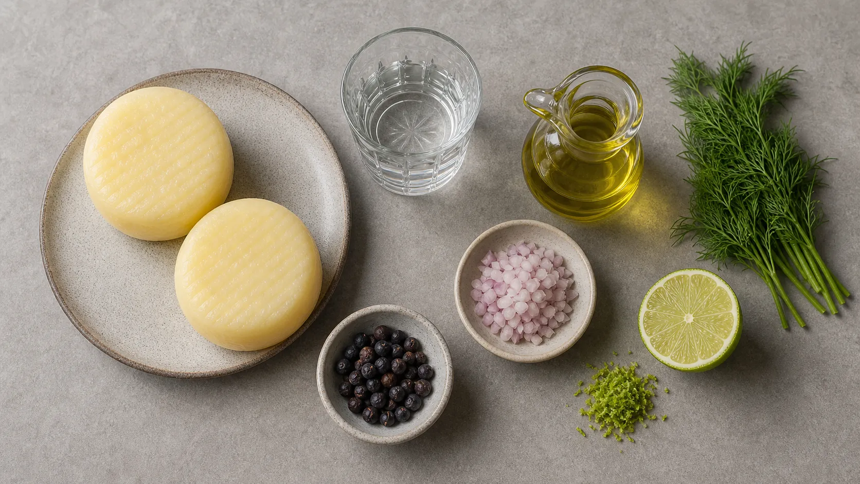 Ingredients for keto handkase with gin-juniper marinade arranged as a flat lay with handkase, gin, juniper, lime, dill and shallot