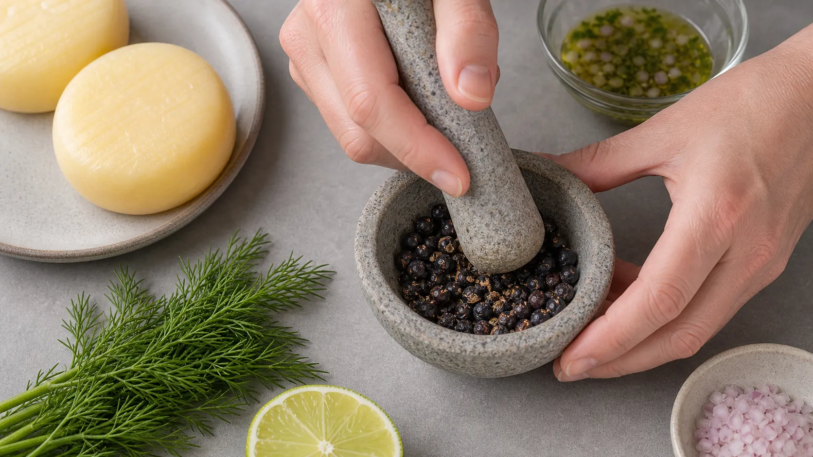 Juniper berries being crushed in a mortar for the gin marinade