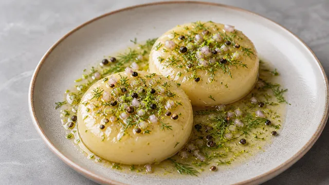 Keto handkase with gin-juniper marinade, dill, lime zest and shallot on a plate