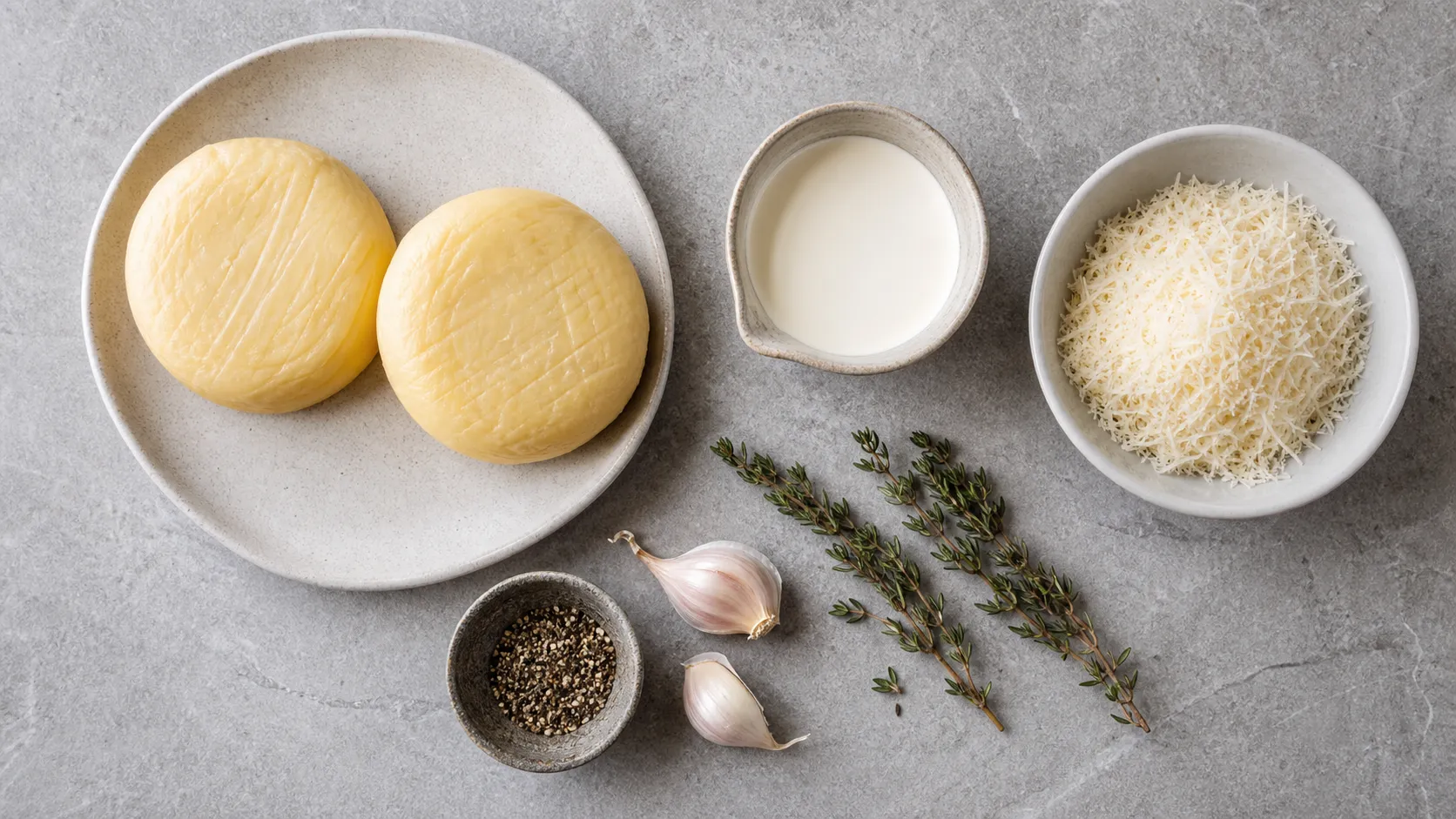 Ingredients for handkase gratin: handkase, cream, Parmesan, garlic, thyme and pepper